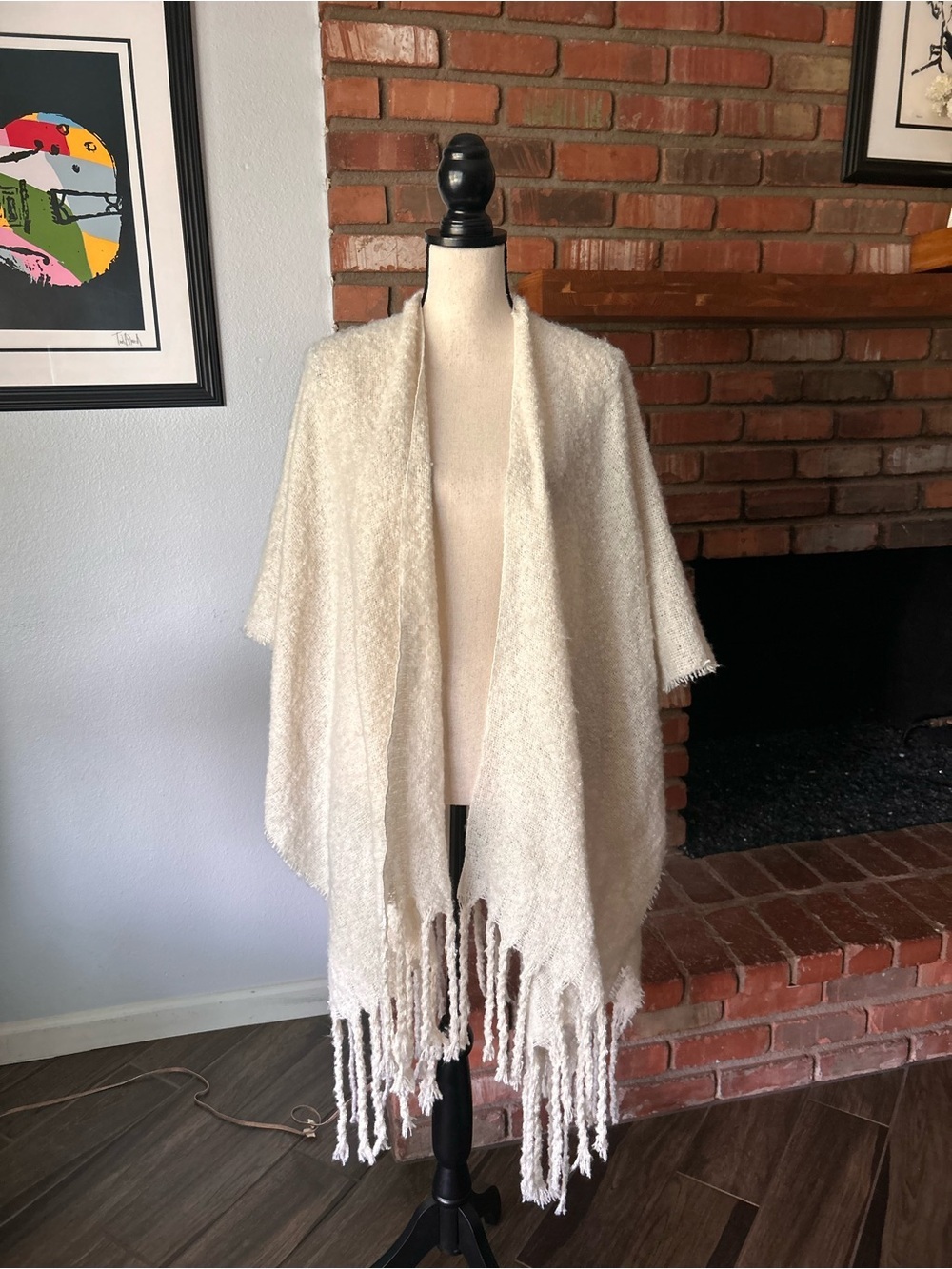 Free People Fringed Soft Open Front Knit Poncho Cardigan in Ivory One Size